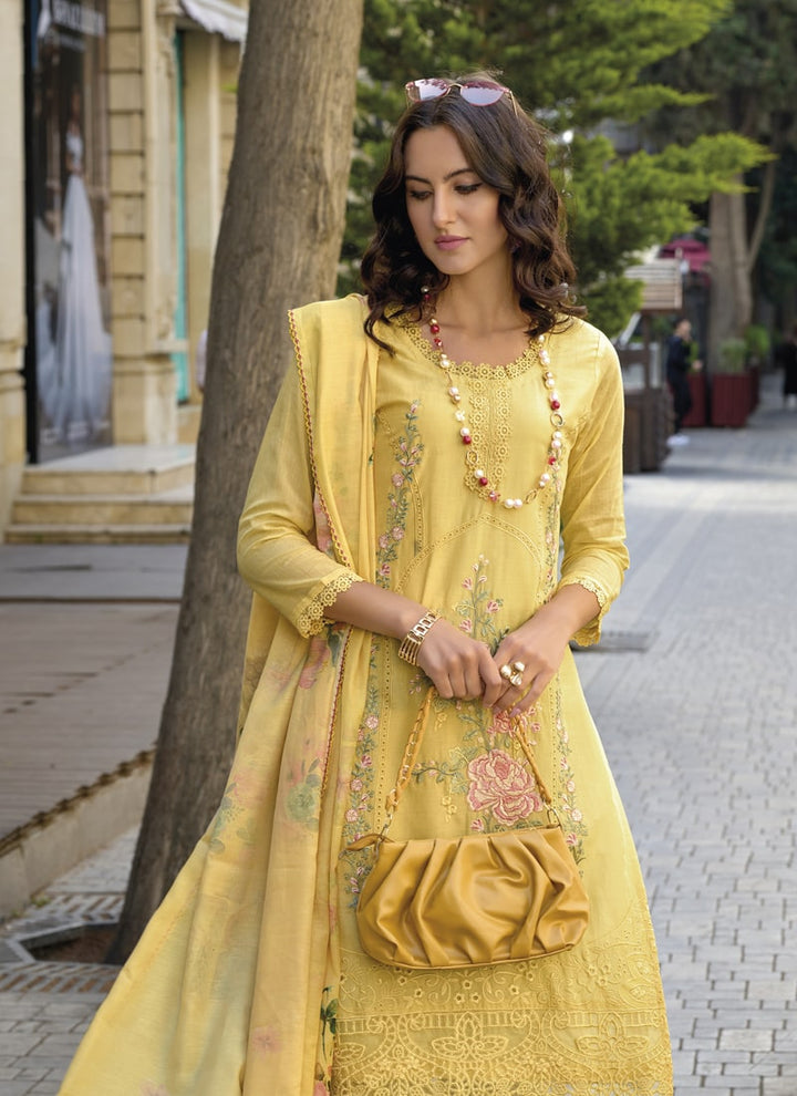 lassya Fashion Yellow Pakistani Embroidered Cotton Suit with Digital Print Dupatta