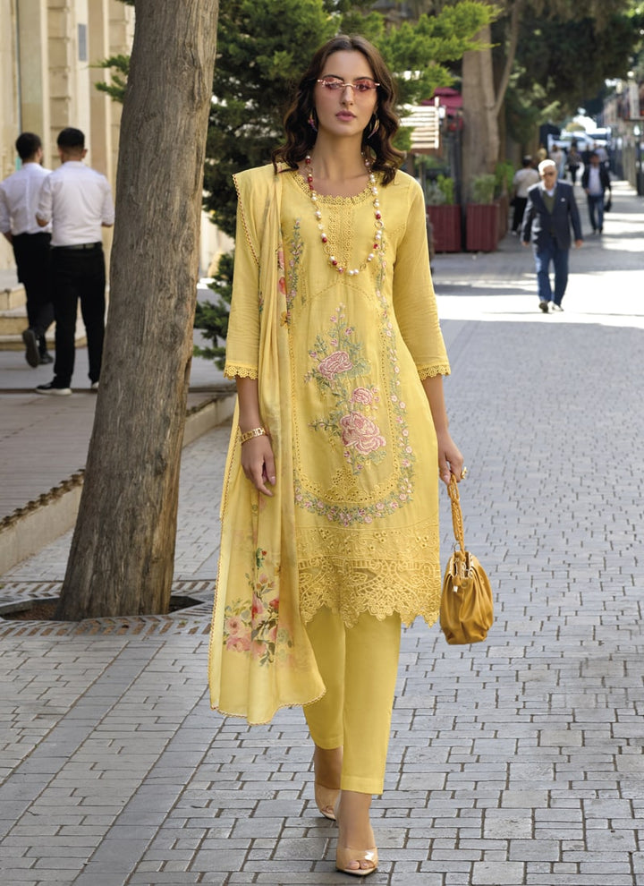 lassya Fashion Yellow Pakistani Embroidered Cotton Suit with Digital Print Dupatta