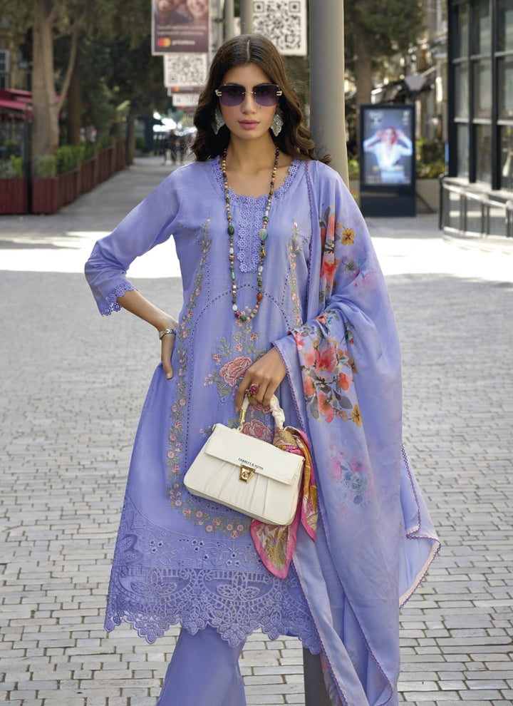 lassya Fashion Lilac Blue Pakistani Embroidered Cotton Suit with Digital Print Dupatta