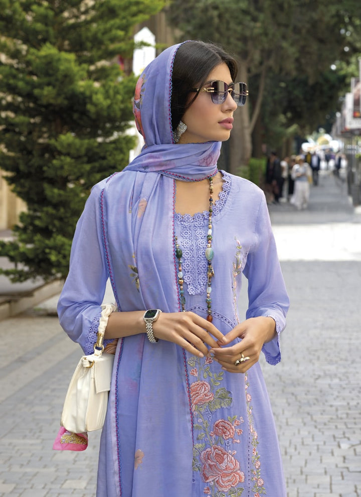 lassya Fashion Lilac Blue Pakistani Embroidered Cotton Suit with Digital Print Dupatta