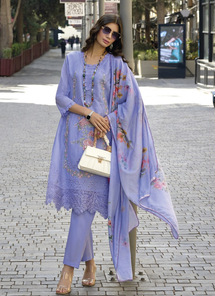 lassya Fashion Lilac Blue Pakistani Embroidered Cotton Suit with Digital Print Dupatta