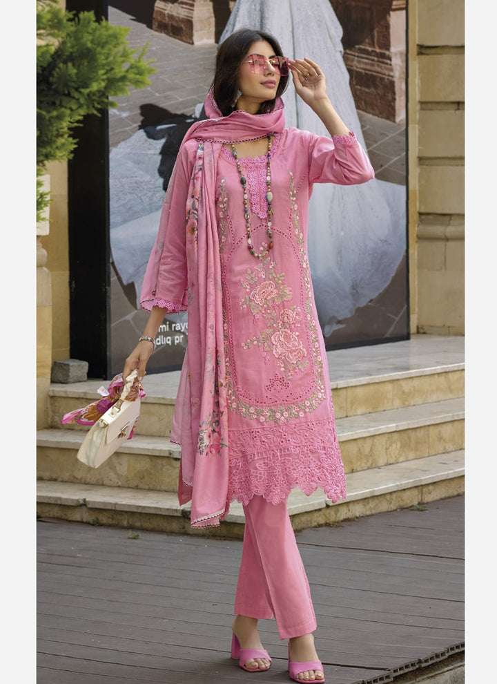 lassya Fashion Pink Pakistani Embroidered Cotton Suit with Digital Print Dupatta