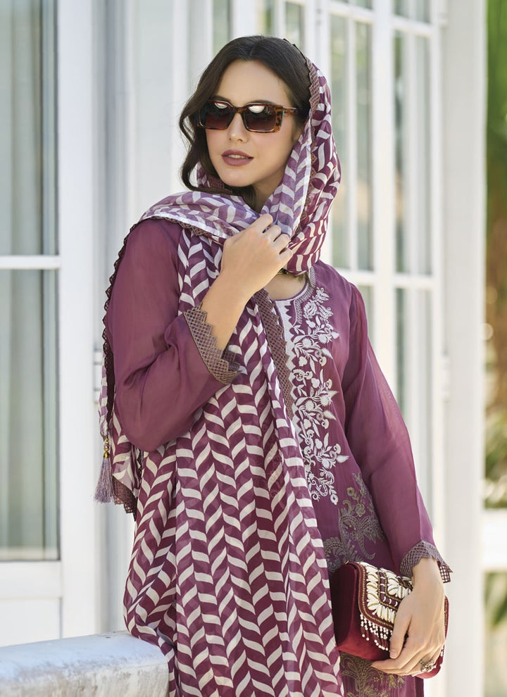 lassya Fashion Purple Embroidered Organza Straight Salwar Suit with Silk Bottom