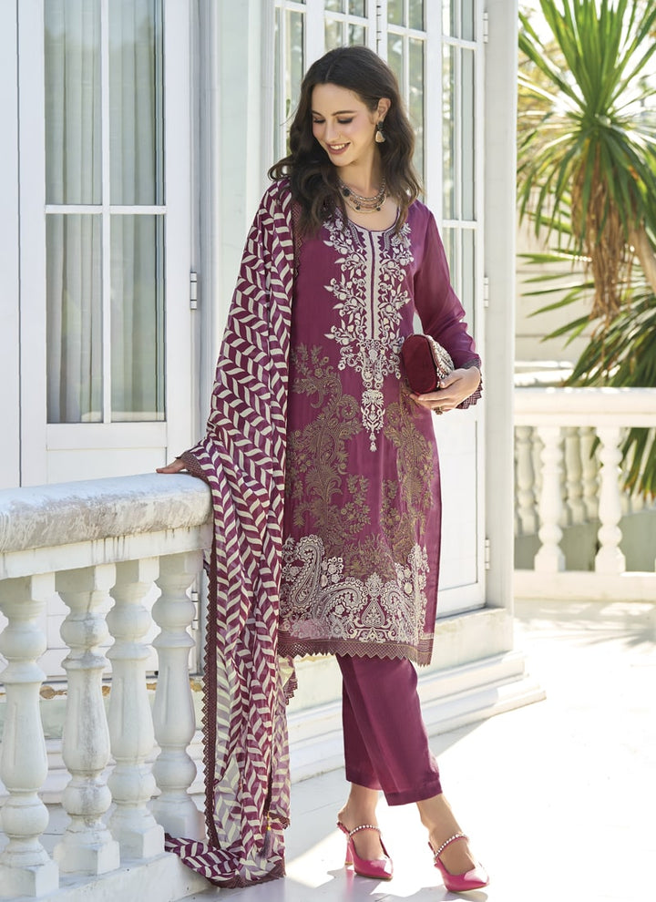 lassya Fashion Purple Embroidered Organza Straight Salwar Suit with Silk Bottom