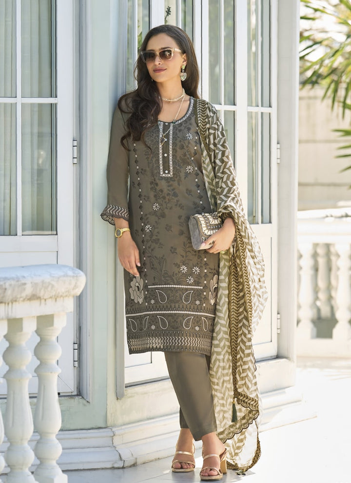 lassya Fashion Black Embroidered Organza Straight Salwar Suit with Silk Bottom