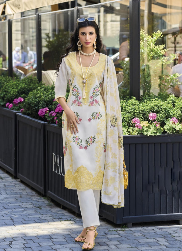 lassya Fashion Yellow Embroidered Cotton Straight Salwar Suit with Digital Print Dupatta