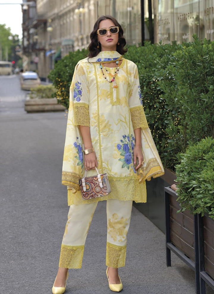 lassya Fashion Yellow Digital Print Cotton Straight Salwar Suit with Embroidery Work