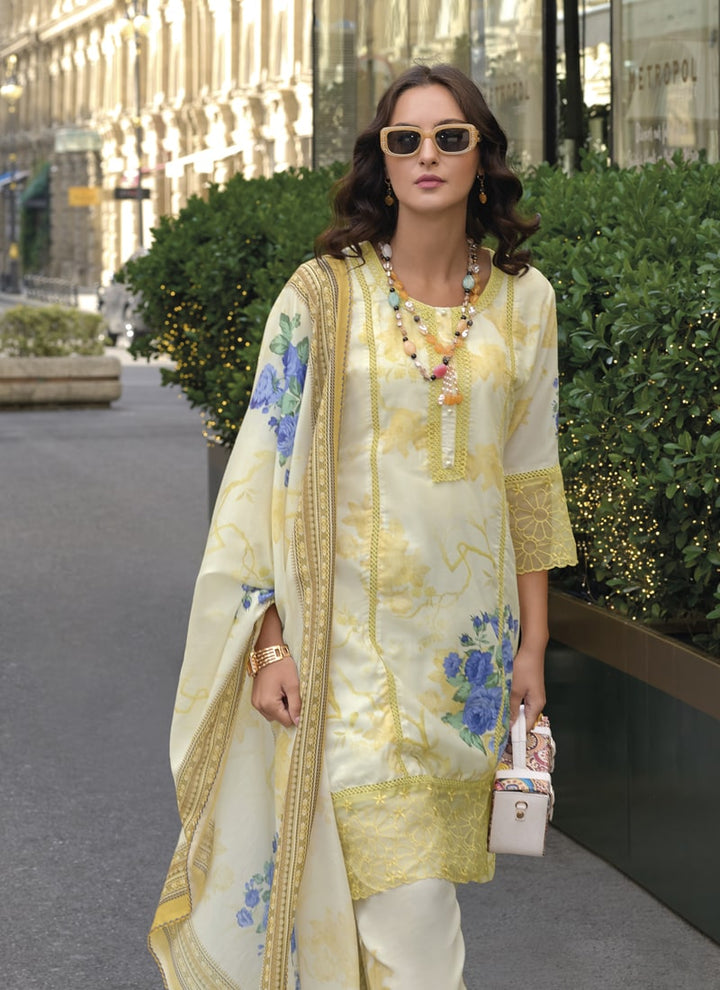 lassya Fashion Yellow Digital Print Cotton Straight Salwar Suit with Embroidery Work