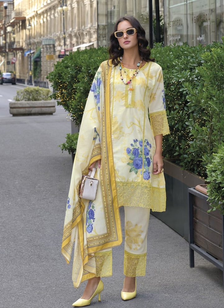 lassya Fashion Yellow Digital Print Cotton Straight Salwar Suit with Embroidery Work