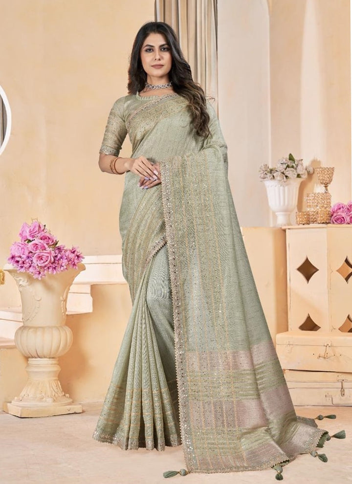 lassya Fashion Grey Linen Festive Wear Saree with Gota Coding Work Border