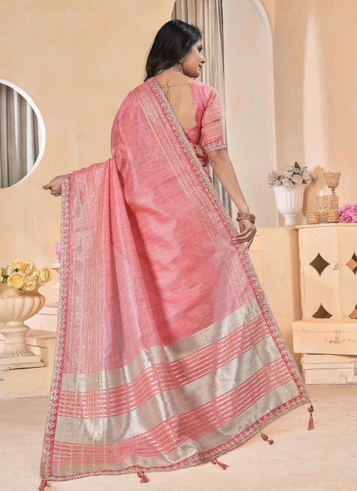 lassya Fashion Rose Pink Linen Festive Wear Saree with Gota Coding Work Border