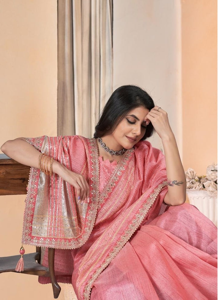 lassya Fashion Rose Pink Linen Festive Wear Saree with Gota Coding Work Border