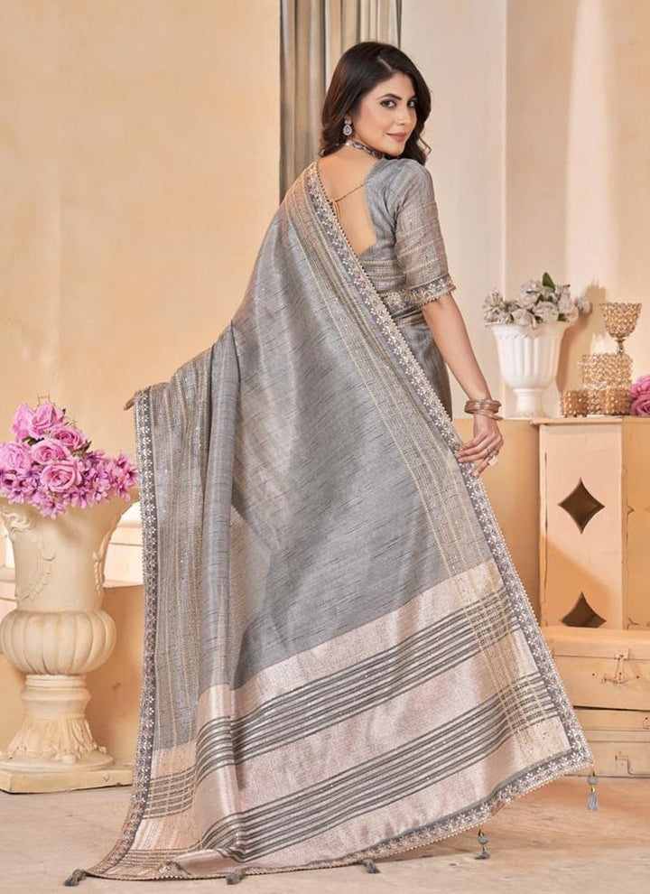 lassya Fashion Silver Grey Linen Festive Wear Saree with Gota Coding Work Border