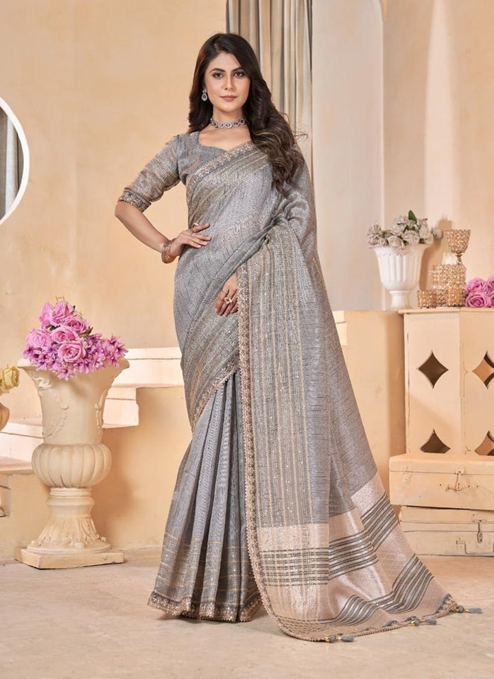 lassya Fashion Silver Grey Linen Festive Wear Saree with Gota Coding Work Border