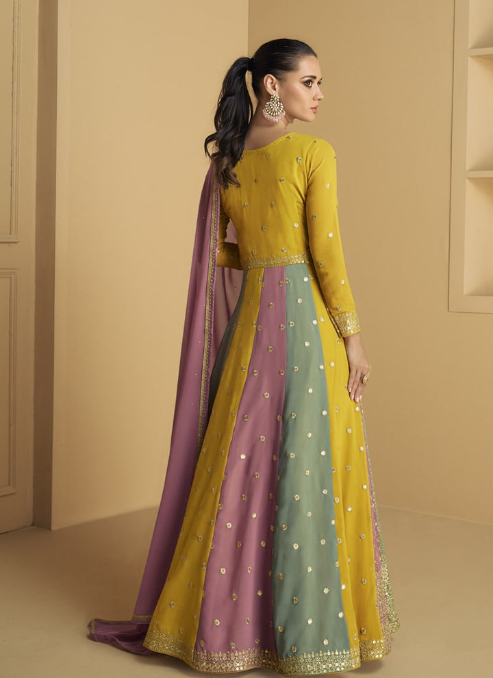 Lassya Fashion Yellow And Pink Party Wear Gown with Real Georgette Top and Dupatta