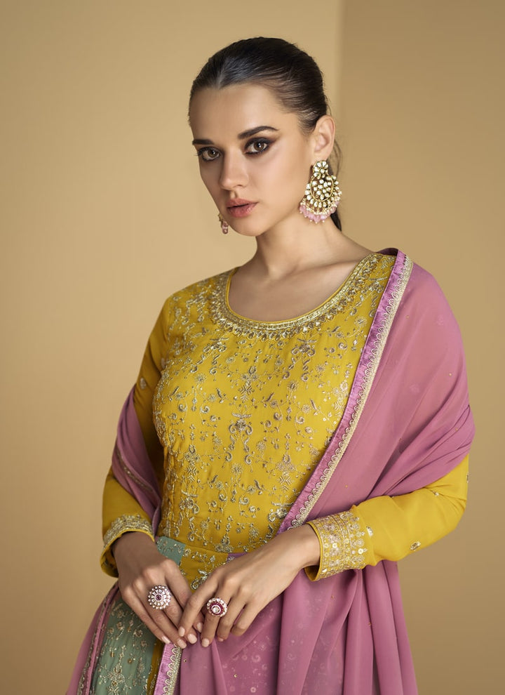 Lassya Fashion Yellow And Pink Party Wear Gown with Real Georgette Top and Dupatta