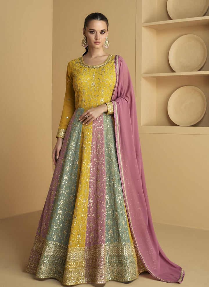 Lassya Fashion Yellow And Pink Party Wear Gown with Real Georgette Top and Dupatta