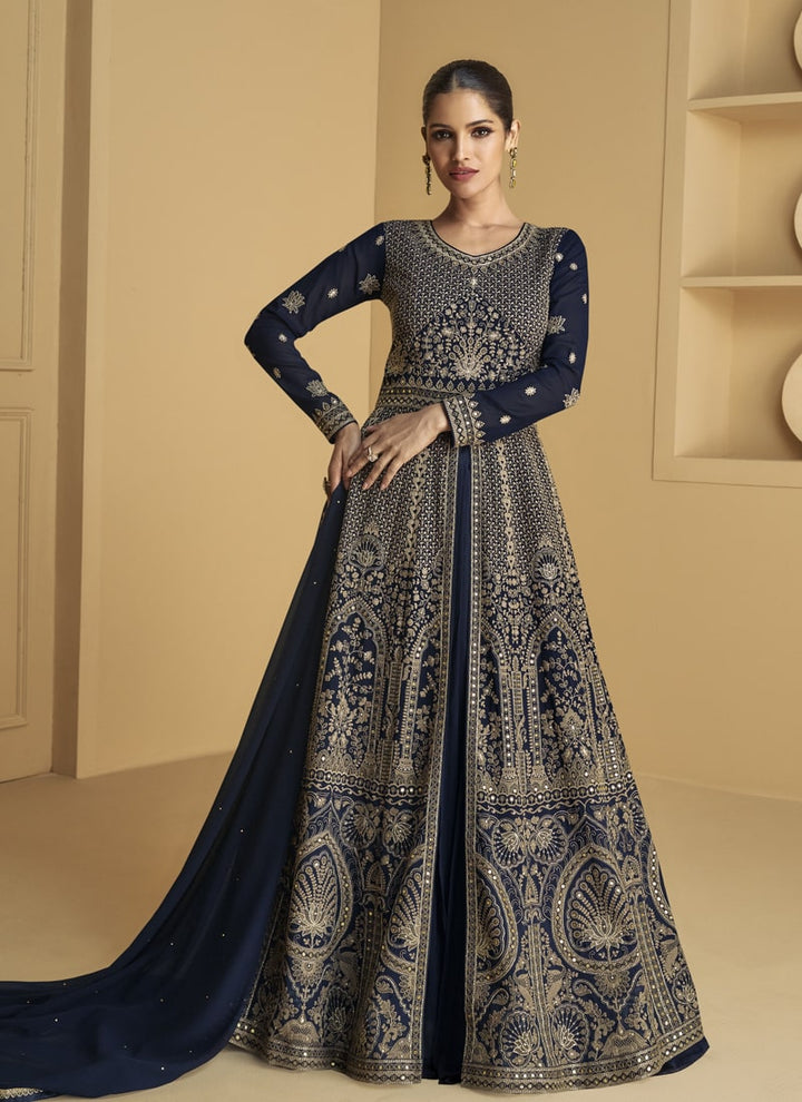 Lassya Fashion Navy Blue Party Wear Gown with Real Georgette Top and Dupatta