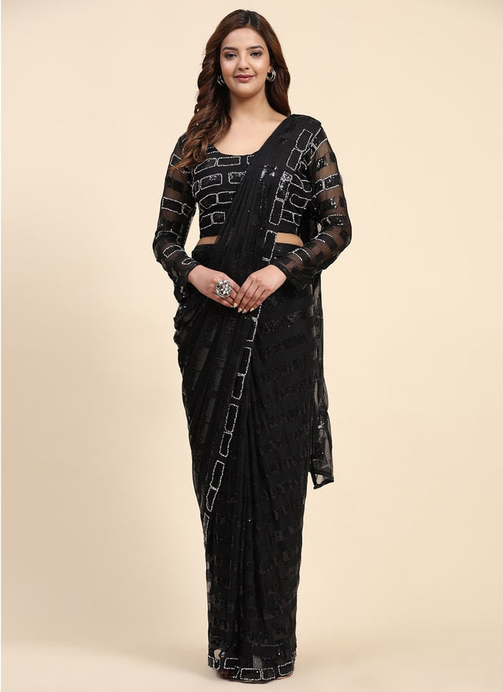 lassya Fashion Black Party Wear Saree with Pure Georgette Fabric