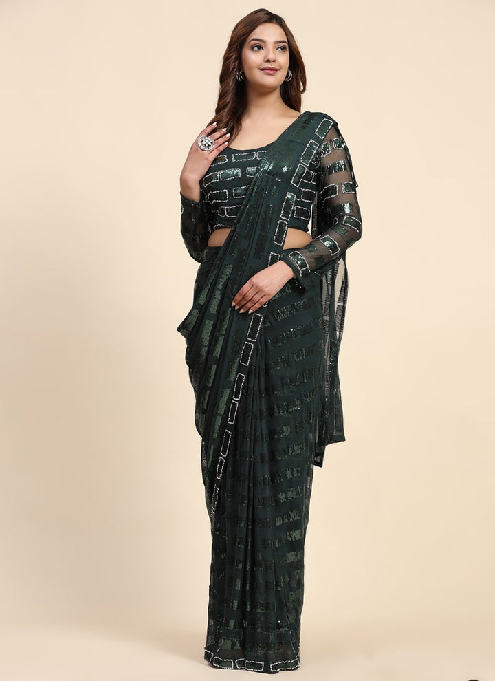 lassya Fashion Dark green Party Wear Saree with Pure Georgette Fabric