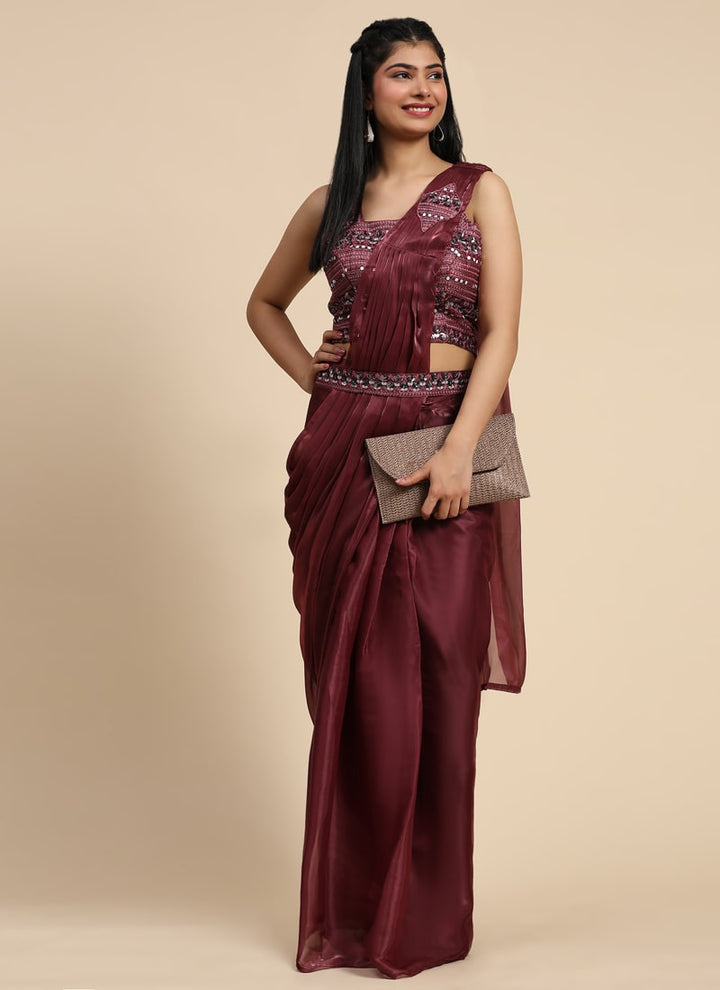 lassya Fashion Coffee Brown Ready-to-Wear Saree with Fancy Organza Fabric