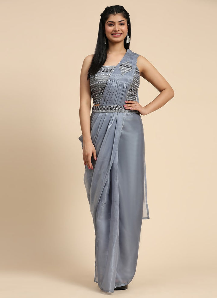 lassya Fashion Flint Grey Ready-to-Wear Saree with Fancy Organza Fabric