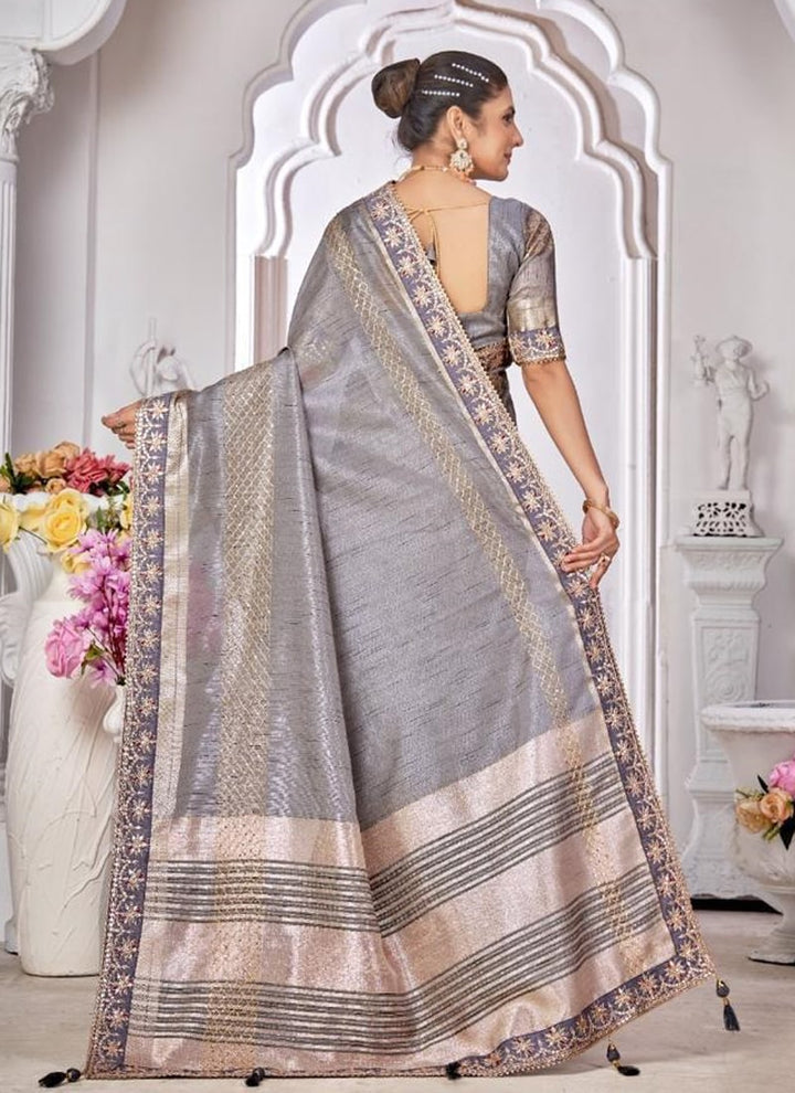 lassya Fashion Slate Grey Wedding Wear Saree with Dayed Work