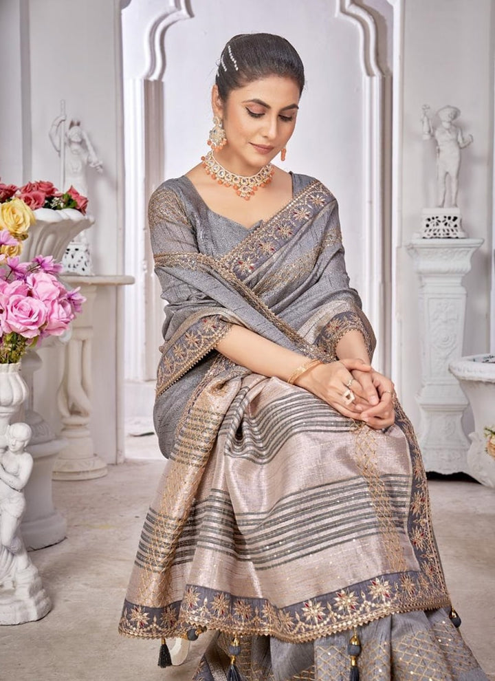 lassya Fashion Slate Grey Wedding Wear Saree with Dayed Work