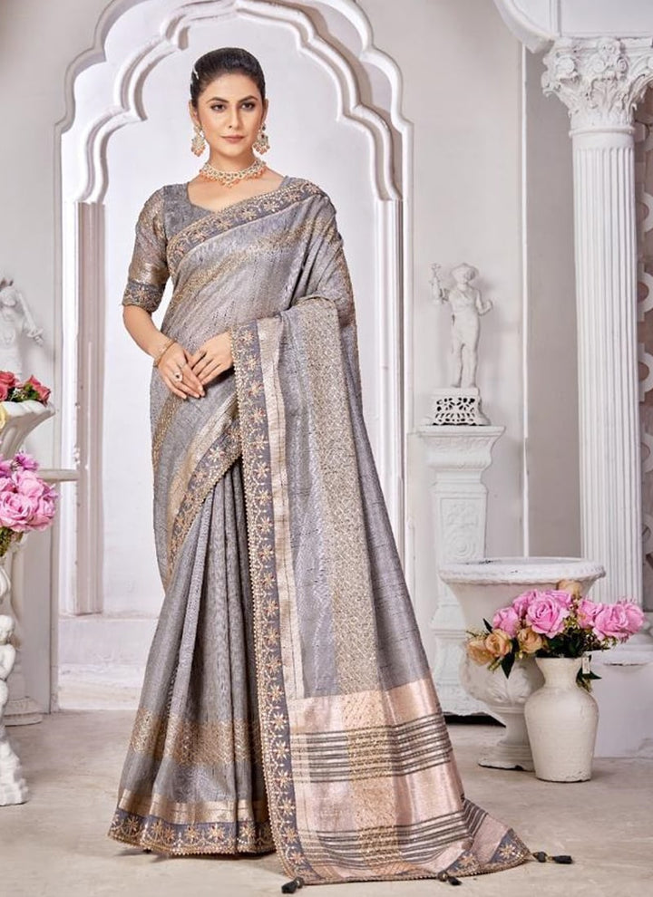 lassya Fashion Slate Grey Wedding Wear Saree with Dayed Work