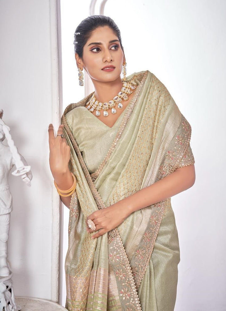 lassya Fashion Light Grey Wedding Wear Saree with Dayed Work