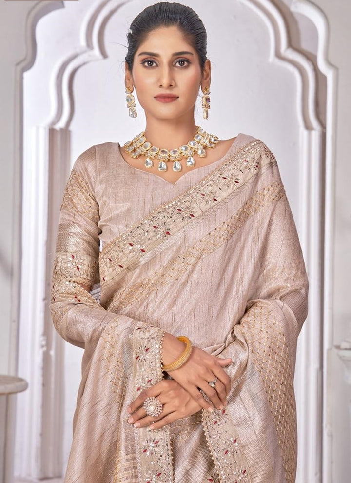 lassya Fashion Beige Cream Wedding Wear Saree with Dayed Work