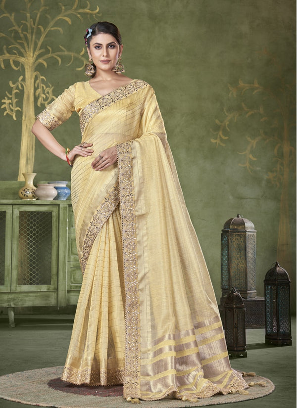 lassya Fashion Yellow Wedding Wear Saree with Banarasi Linen