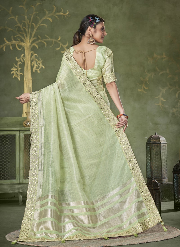 lassya Fashion Pista green Wedding Wear Saree with Banarasi Linen