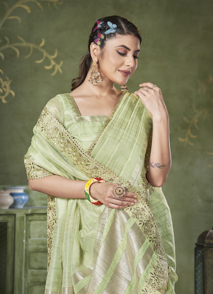 lassya Fashion Pista green Wedding Wear Saree with Banarasi Linen