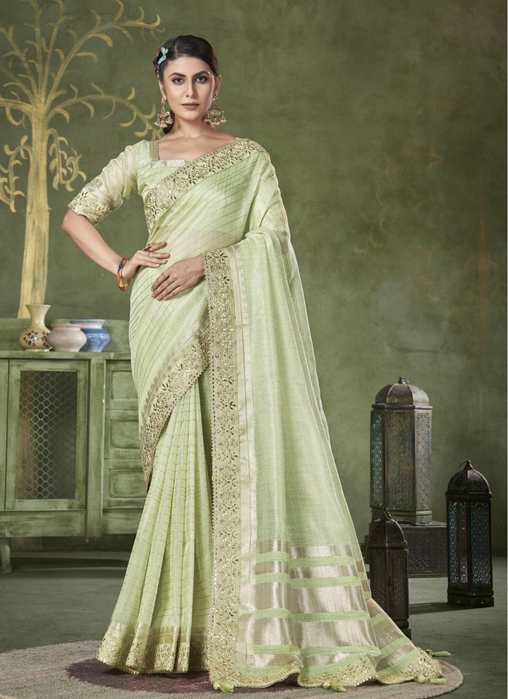 lassya Fashion Pista green Wedding Wear Saree with Banarasi Linen