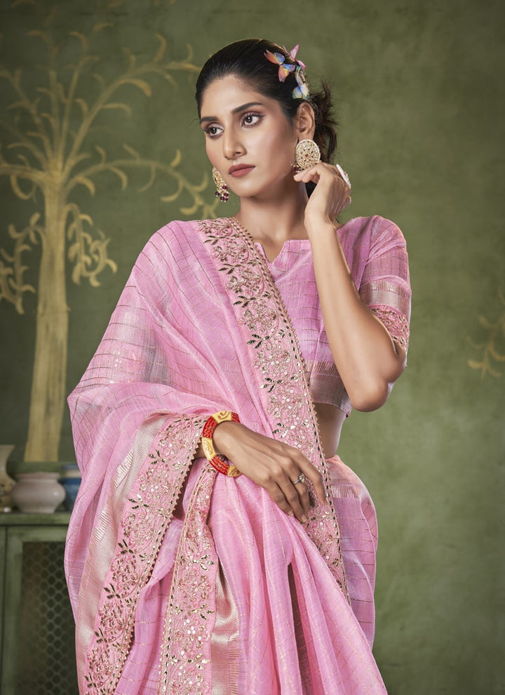 lassya Fashion Laveder Pink Wedding Wear Saree with Banarasi Linen