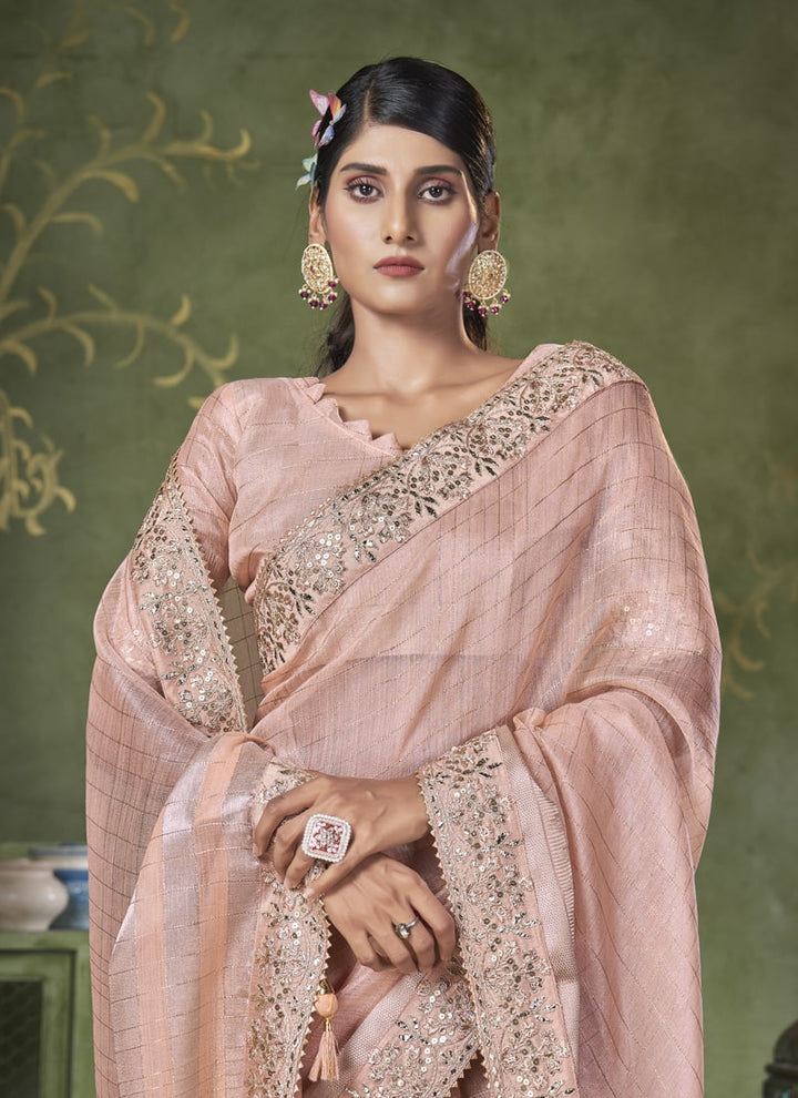 lassya Fashion Peach Wedding Wear Saree with Banarasi Linen