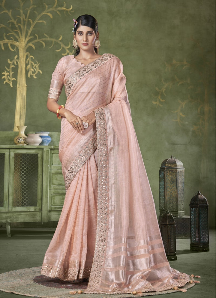 lassya Fashion Peach Wedding Wear Saree with Banarasi Linen