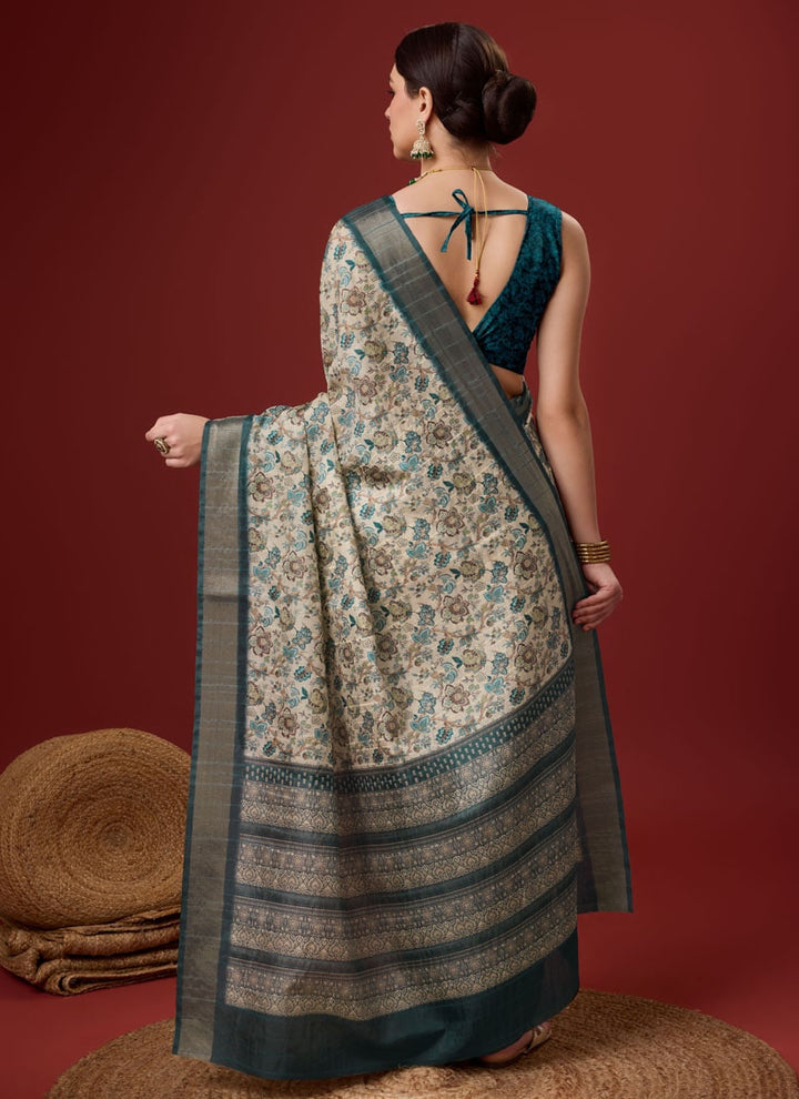 lassya Fashion Off White-Green Festive Wear Cotton Digital Saree