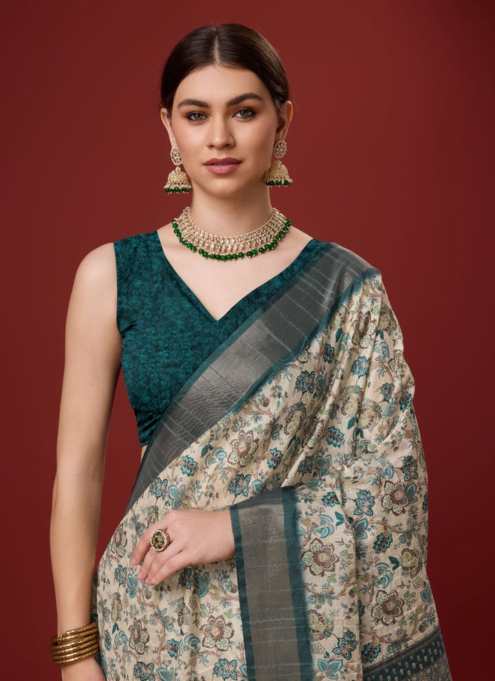 lassya Fashion Off White-Green Festive Wear Cotton Digital Saree