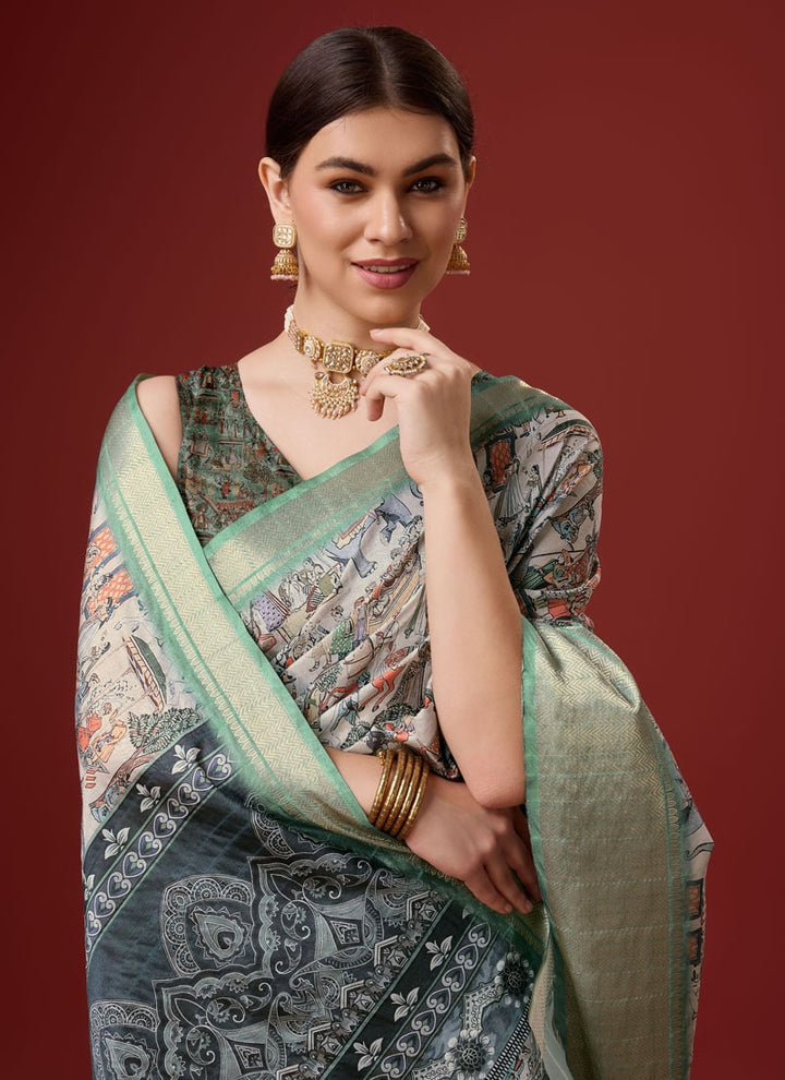 lassya Fashion Pista Green Festive Wear Cotton Digital Saree