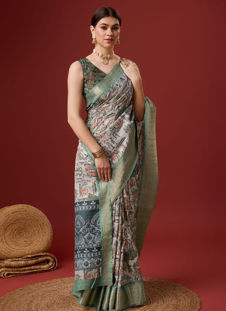 lassya Fashion Pista Green Festive Wear Cotton Digital Saree