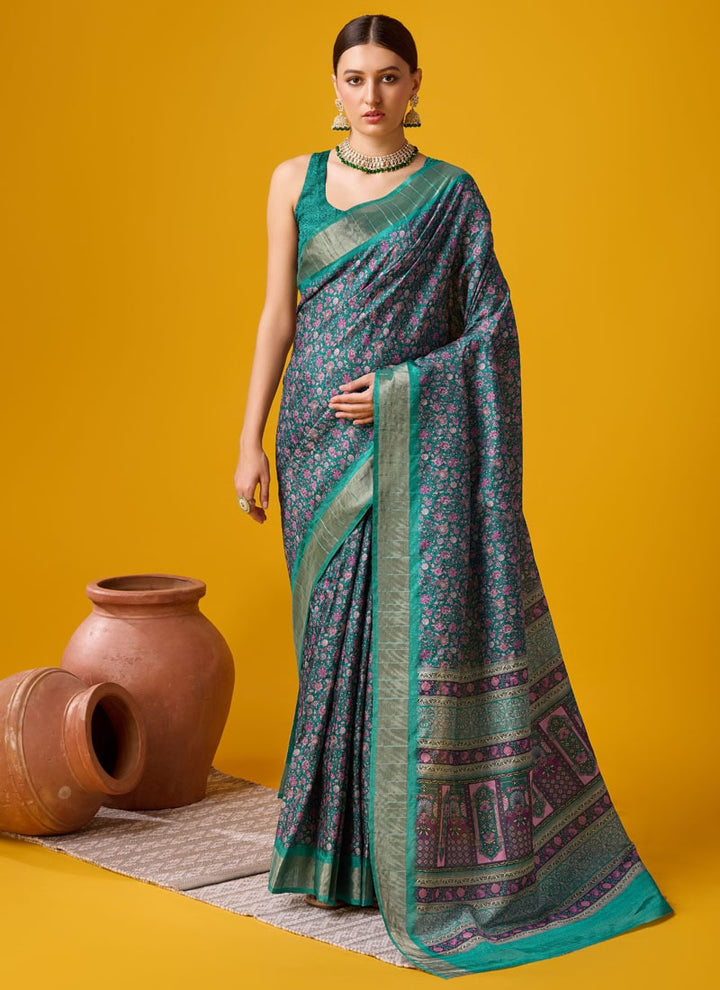 lassya Fashion Pine Green Festive Wear Cotton Digital Saree