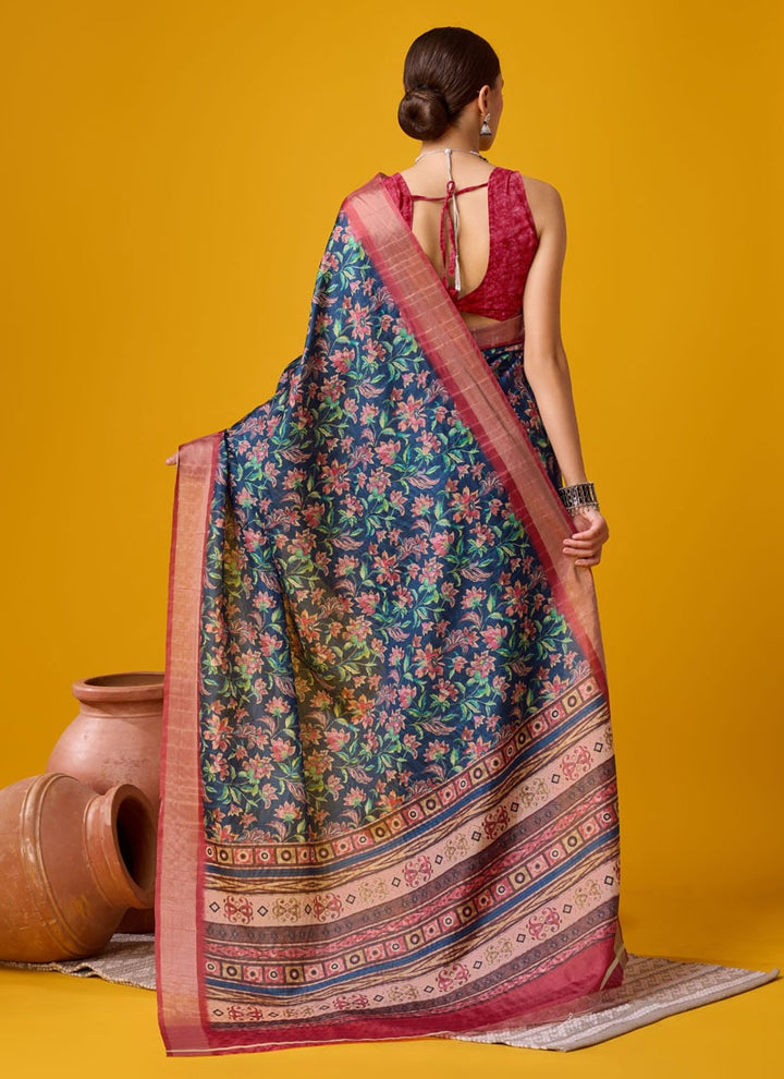 lassya Fashion Blue Red Festive Wear Cotton Digital Saree