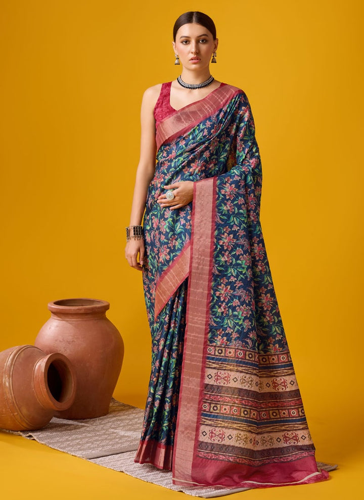 lassya Fashion Blue Red Festive Wear Cotton Digital Saree