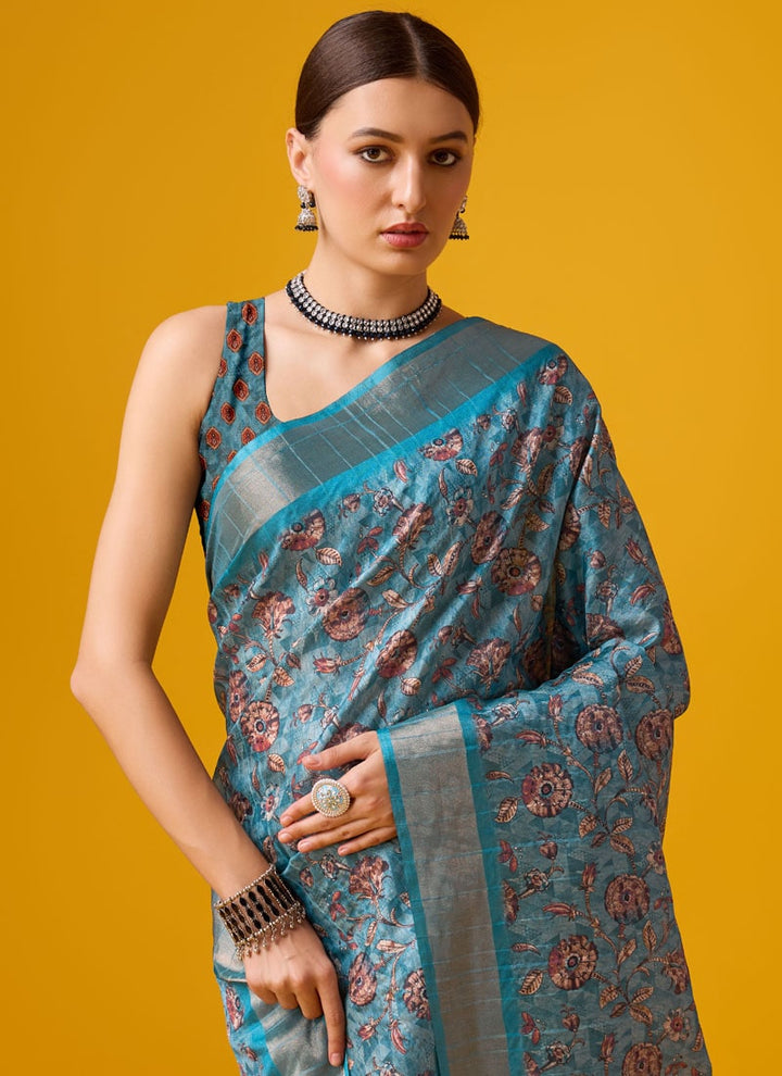 lassya Fashion Teal Green Festive Wear Cotton Digital Saree