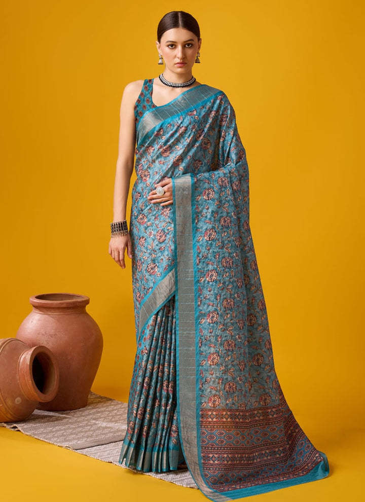 lassya Fashion Teal Green Festive Wear Cotton Digital Saree