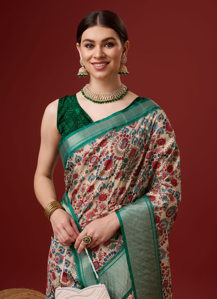 lassya Fashion Forest Green Festive Wear Cotton Digital Saree