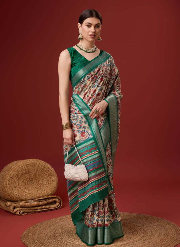 lassya Fashion Forest Green Festive Wear Cotton Digital Saree