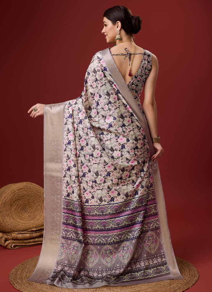 lassya Fashion White-Lavender Festive Wear Cotton Digital Saree